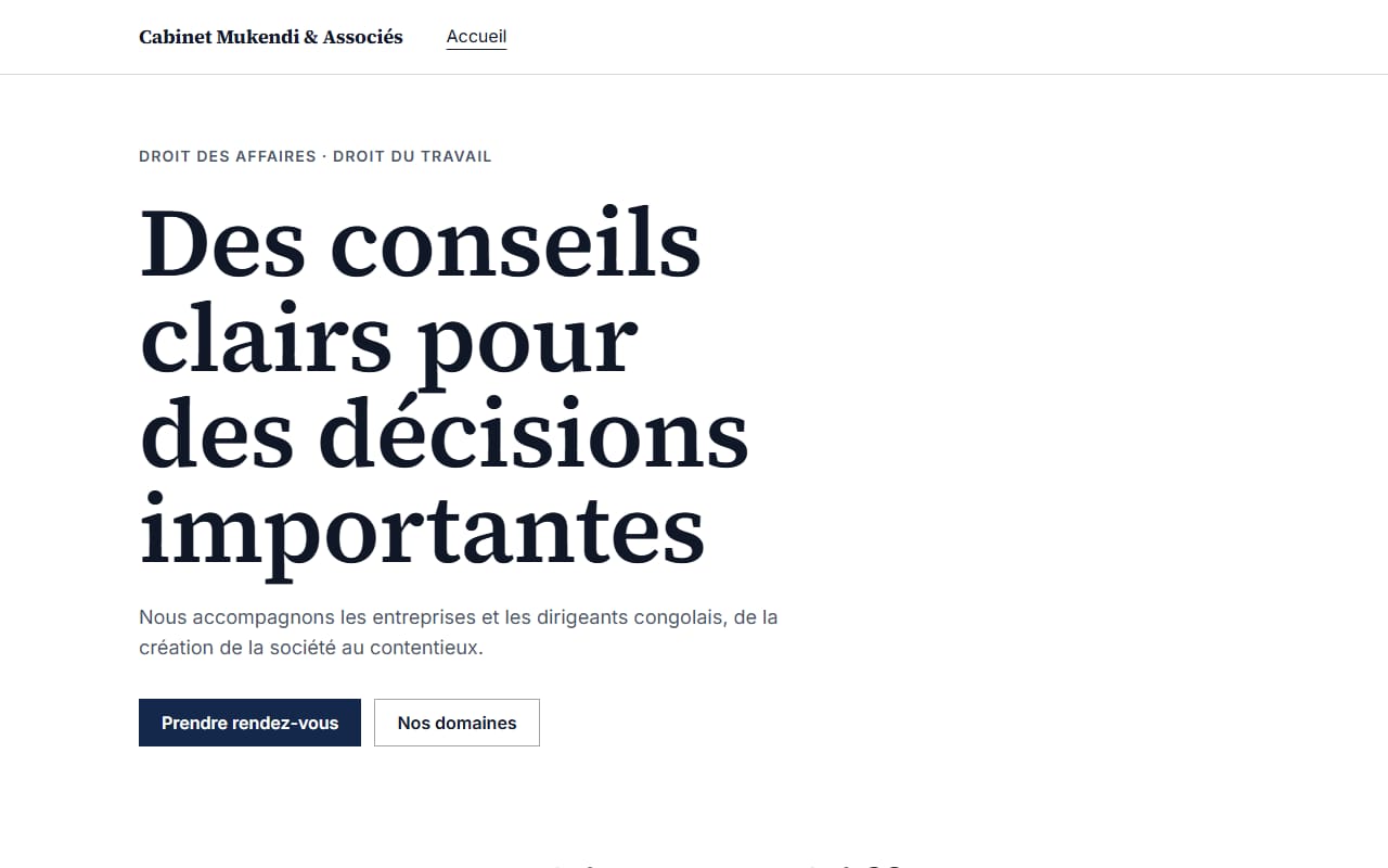 Aperçu du site de Cabinet Mukendi & Associés (exemple fictif)