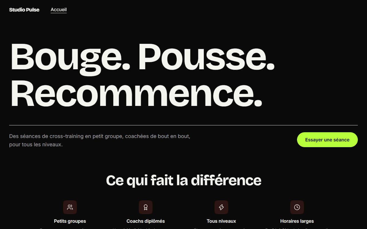 Aperçu du site de Studio Pulse (exemple fictif)
